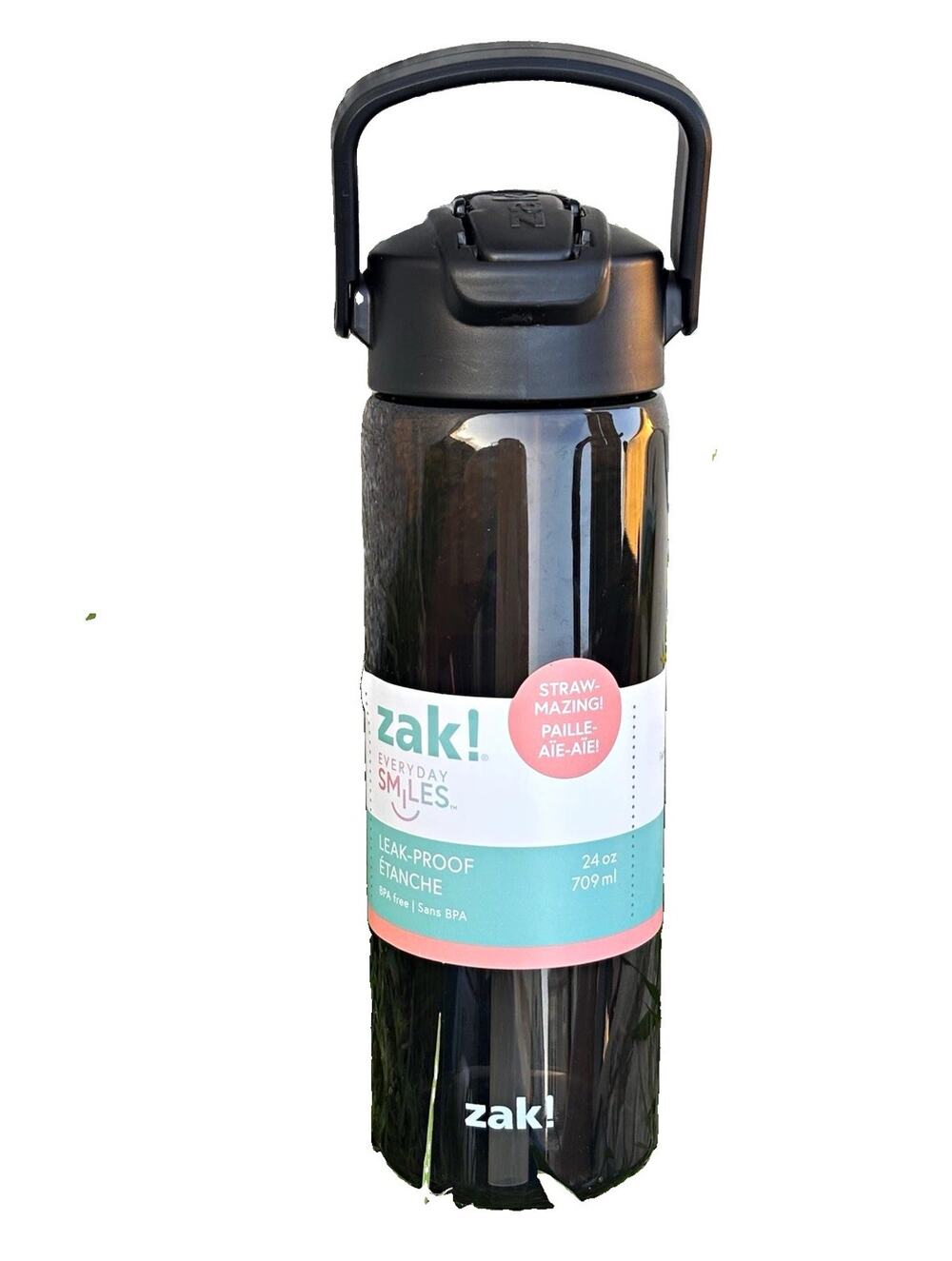 zak! Black Plastic Water Bottle Leakproof BPA-Free Straw 24 oz Flip Top